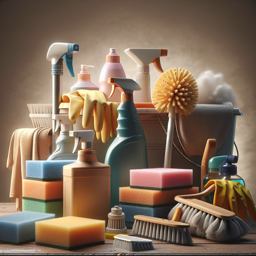 Realistic stock image of cleaning supplies and tools.