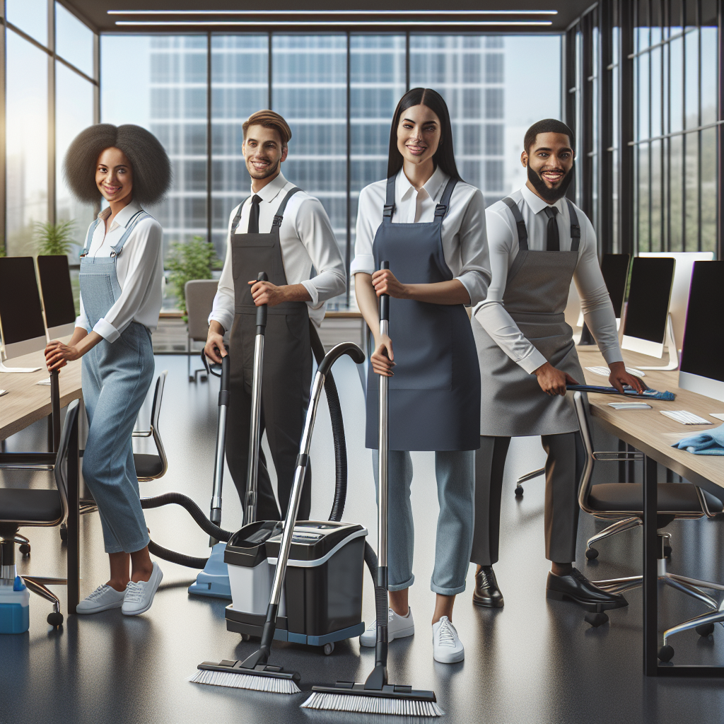 Realistic image of cleaning staff in office.