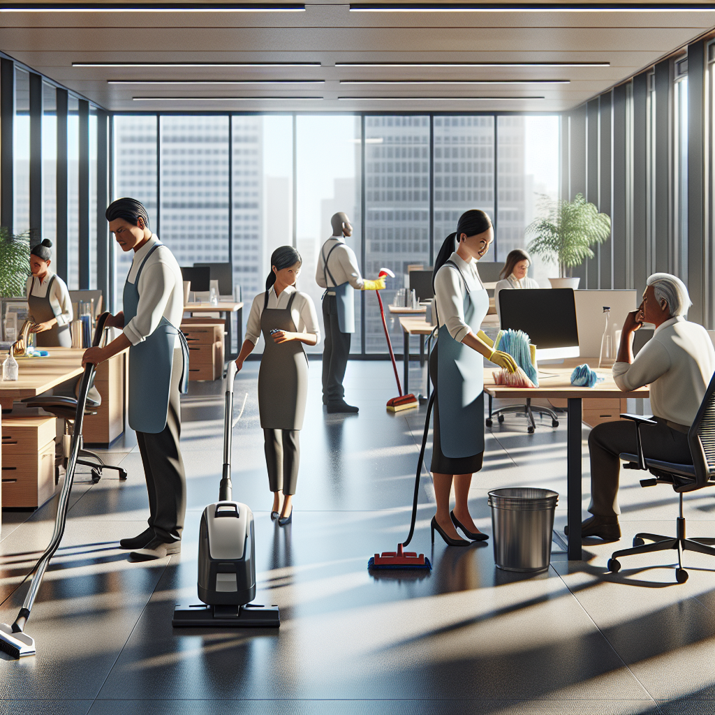 Realistic stock image of workers cleaning office.